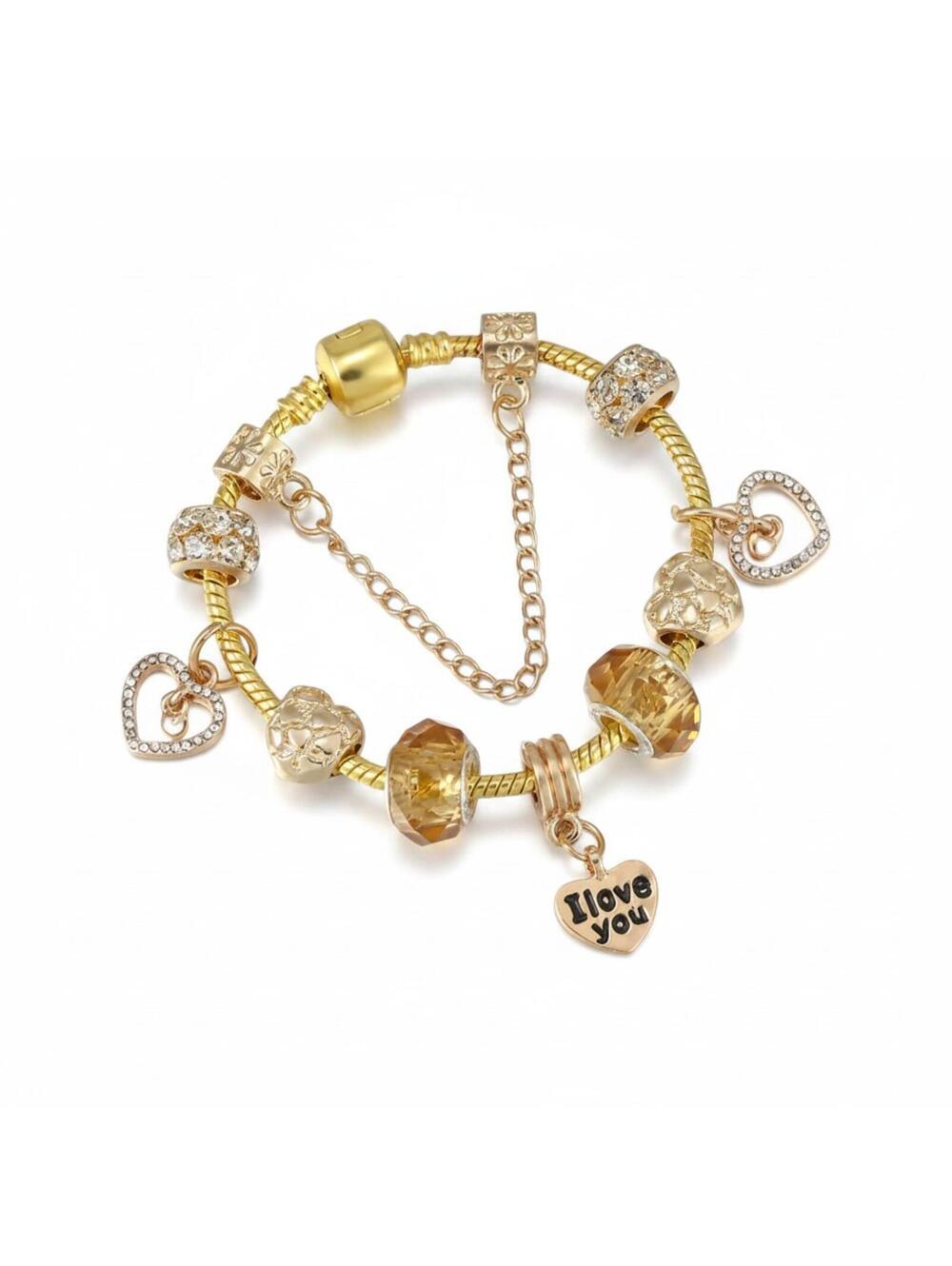 Gold Tone European Charm Bracelet I Love You Heart Amber Glass Bead Rhinestone